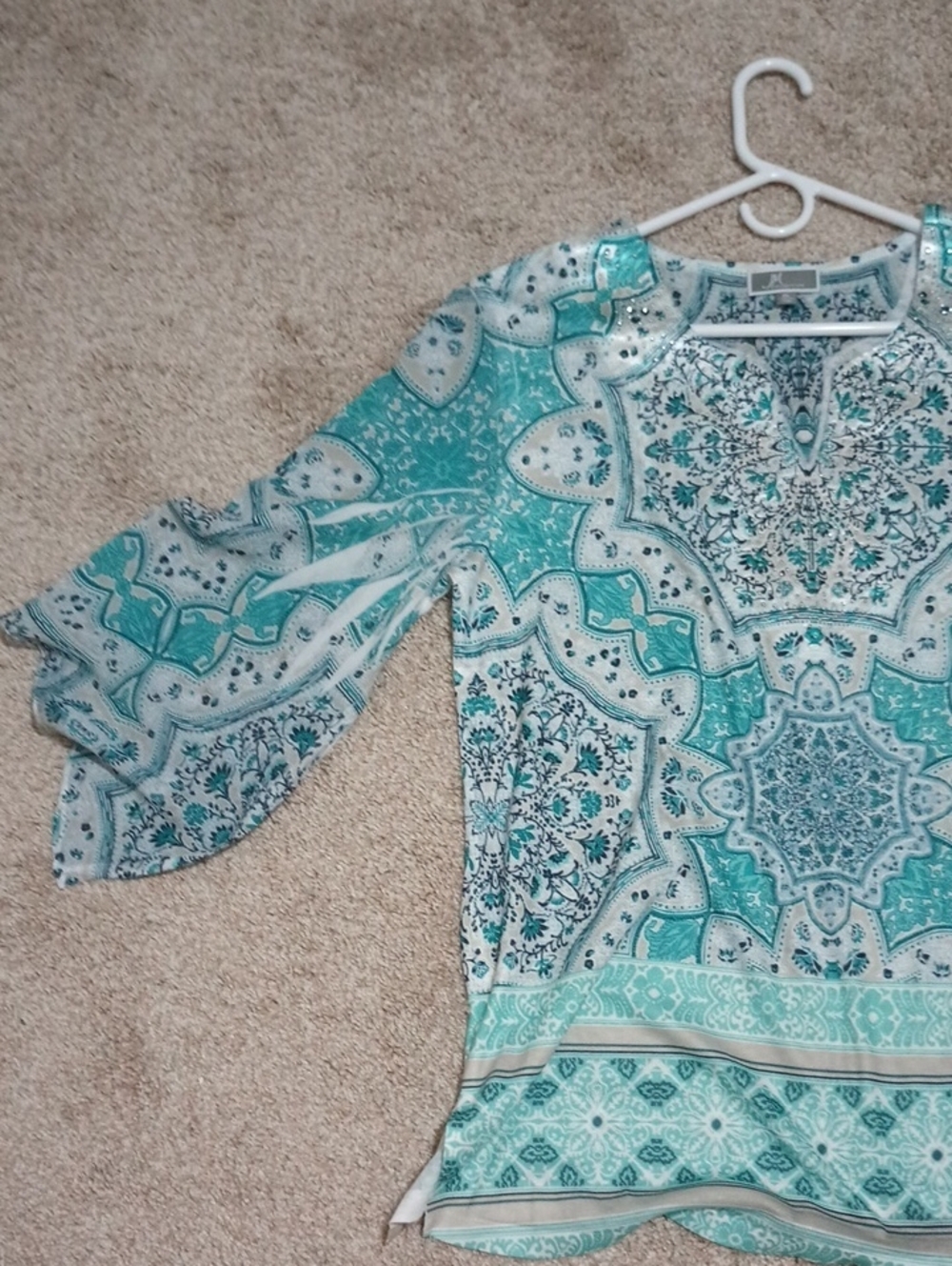 JM Collection Paisley Boho Tunic Top Beaded V-Neck XL Turquoise White NWOT - Picture 14 of 15